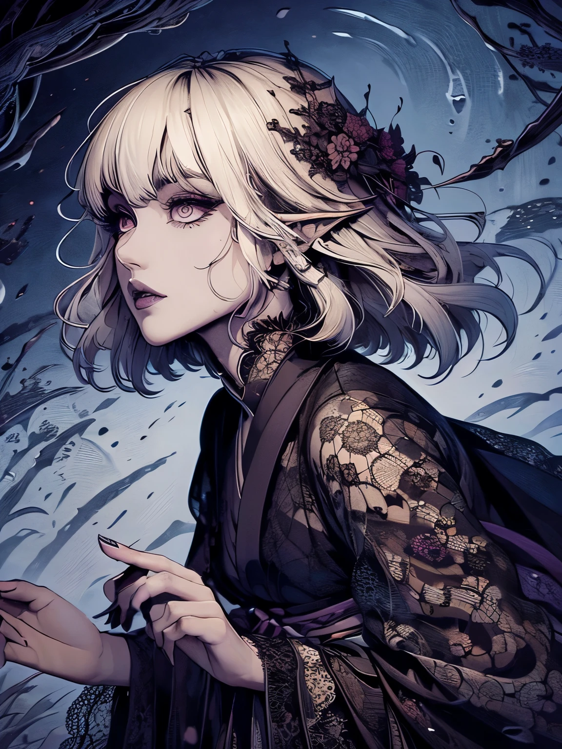 (ultra-detailed face, looking away:1.4), (Kensei: She floats and swims in the air.:1.2), (Fantasy Illustration with Gothic & Ukiyo-e & Comic Art.), (A middle-aged dark elf woman with white hair, blunt bangs, bob cut, and dark purple skin.), (Her eyes are lavender in color. Draw her eyes and pupils in detail and sharply.), (She is wearing a lacy linen robe and cape.)