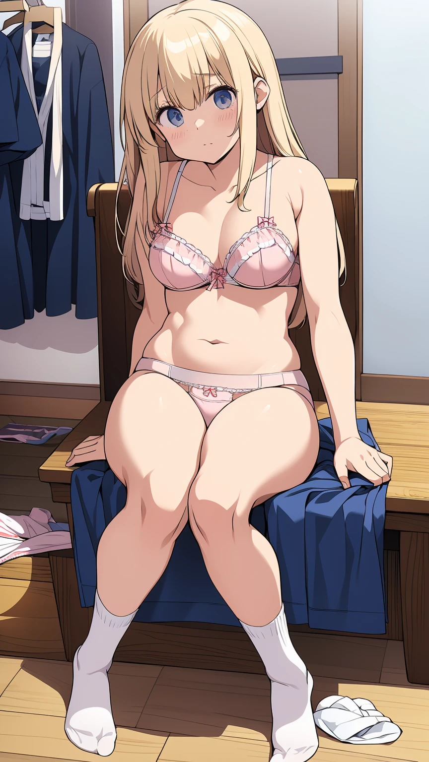 High resolution、4K quality、Highest quality、younger sister、Lolita、Sit on a chair、Taking off socks、pantiesが床に落ちている、Surprised expression、白のコットンpanties、panties、used underwear、Crotch stain、Discarded underwear、panties単体、Laundry basket、strip、Underwear is scattered、Underwear is scattered、床一面たくさんのpanties、A messy room full of underwear、Undressing scene、Bras scattered around