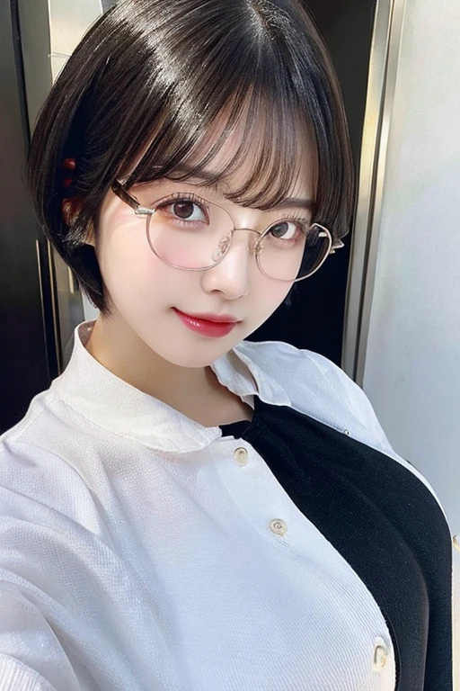 ((Highest quality)), ((masterpiece)), (detailed), pretty girl,Light clothing,Big Breasts,Black Hair,Glasses,Short Hair