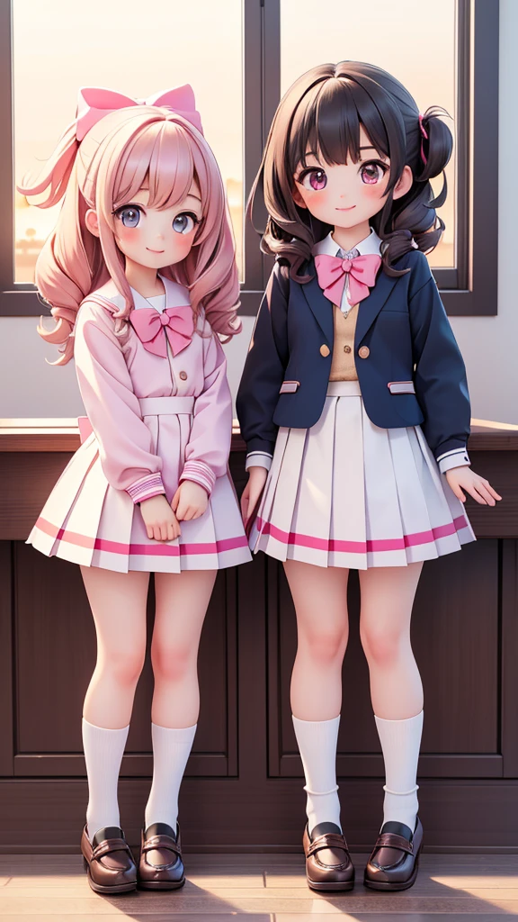 ((jk, 2girls)), (petite kawaii, bishojo), (cute, smiling), (scornful eyes), ((masterpiece)), (best quality), (ultra detailed), ((highres)), (exquisite), (depth), (high standard), (beautiful and aesthetic), (super detailed skin), (perfect anatomy), (full body), (blush), (sun, school uniform), (socks), (big bow in hair), (lipstick), (class room)