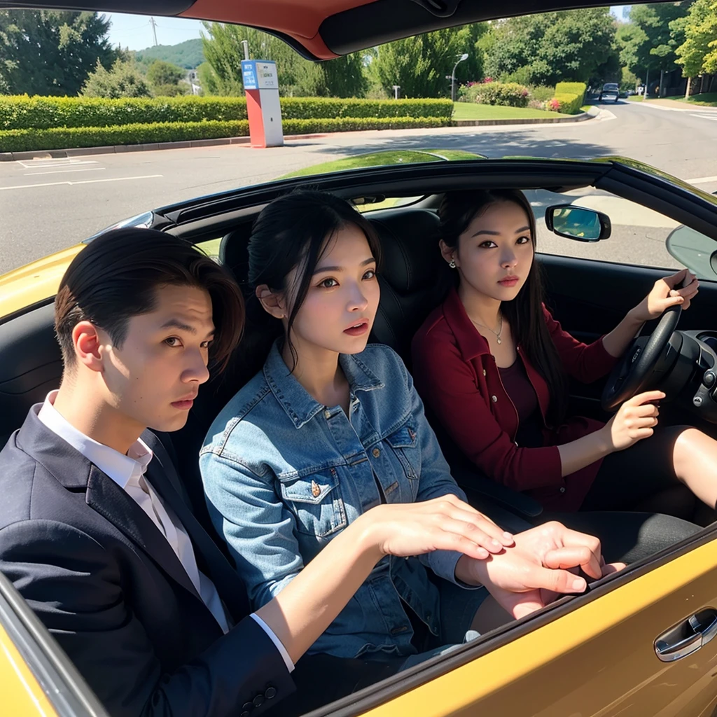 ((Highest quality)), ((masterpiece)), (detailed), (Convertible),(Two men and two women),(drive),