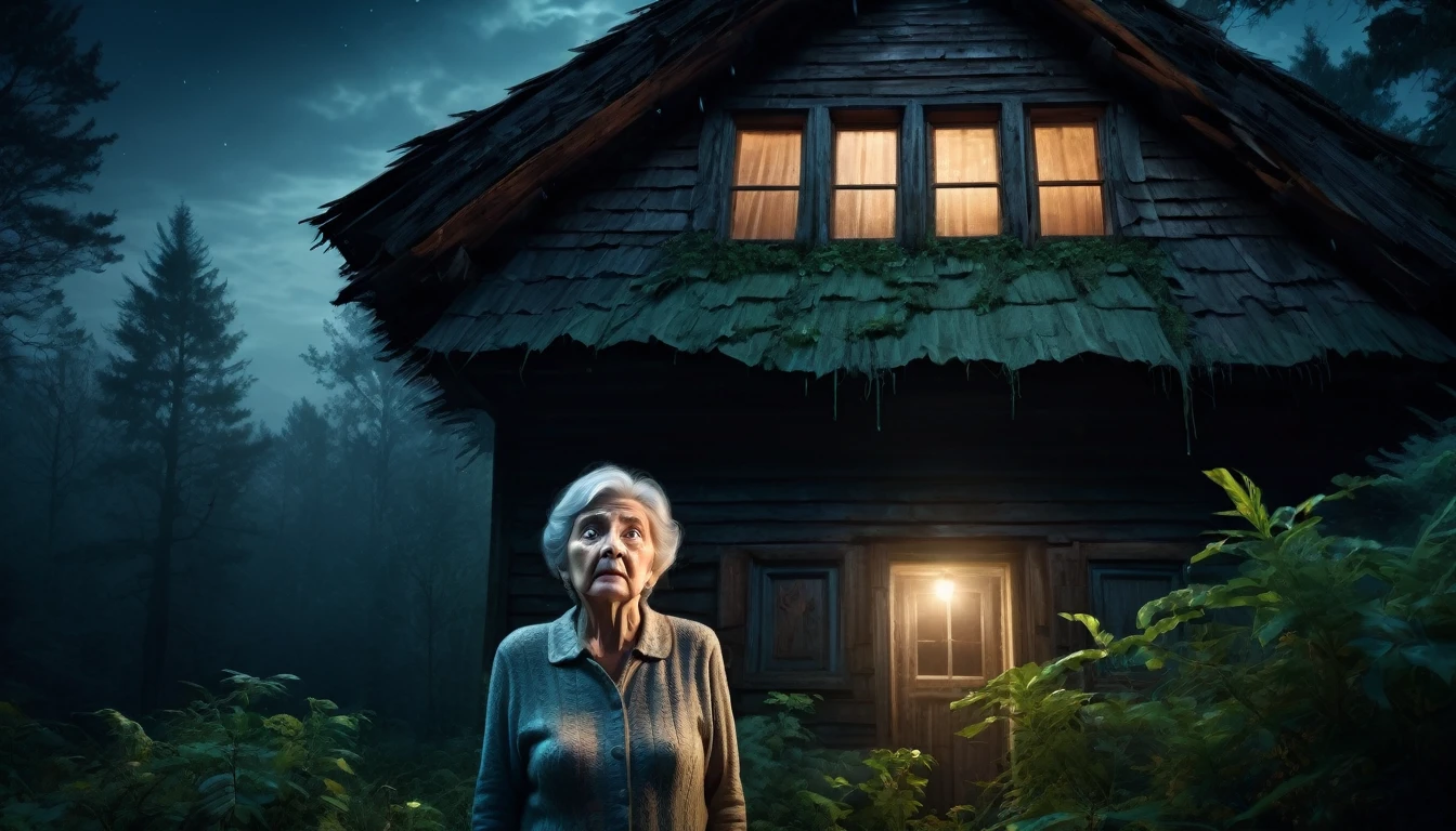 Image of a scared elderly woman behind the roof of an old house at night in the middle of the forest ,PICTURE REALISTIC, high resolution, 8K