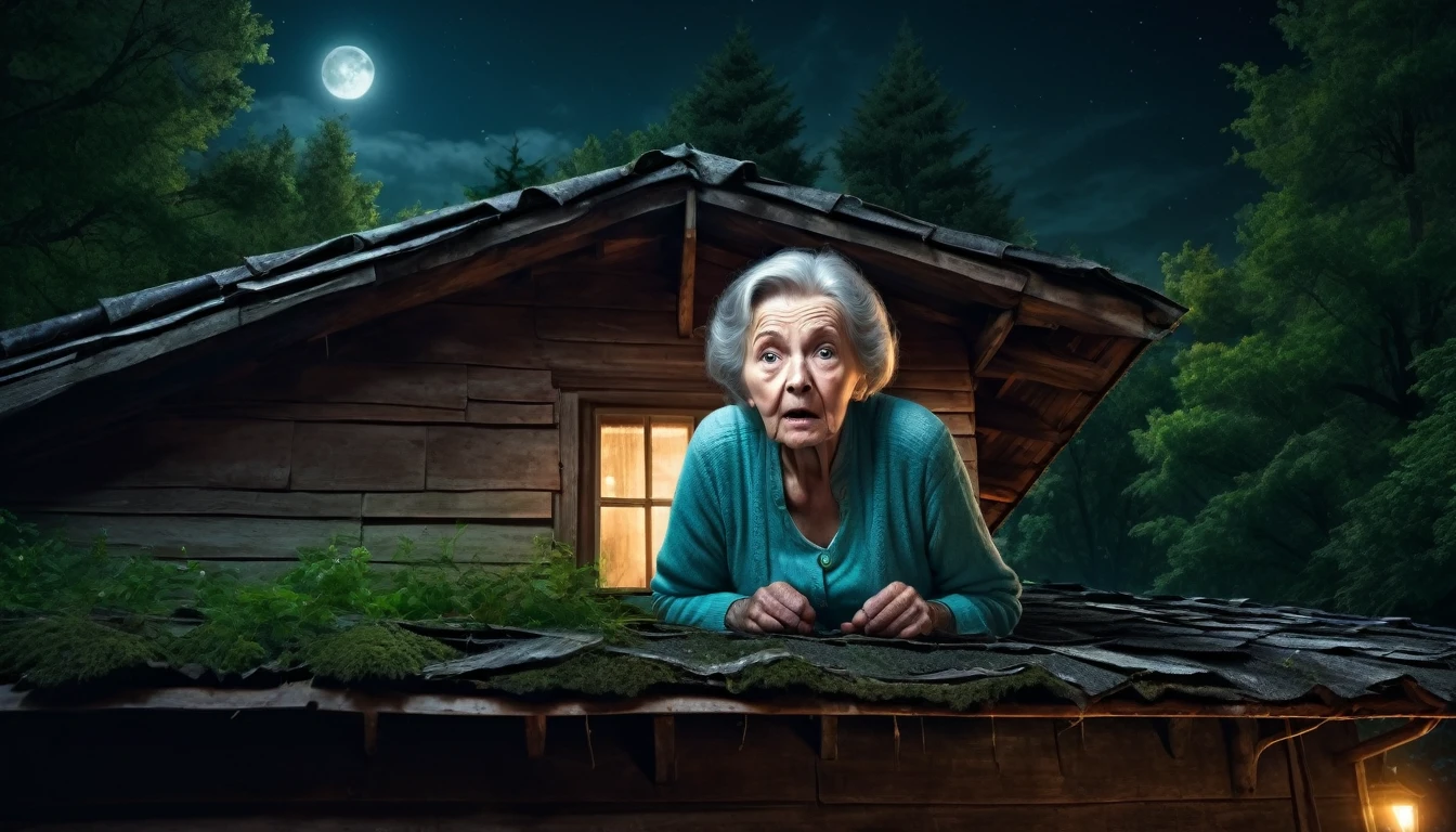 Image of a scared elderly woman behind the roof of an old house at night in the middle of the forest ,PICTURE REALISTIC, high resolution, 8K