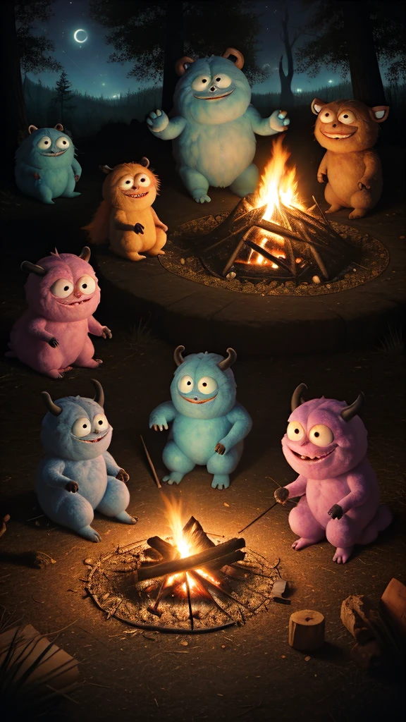 friendly, fuzzy monsters gathered around a campfire