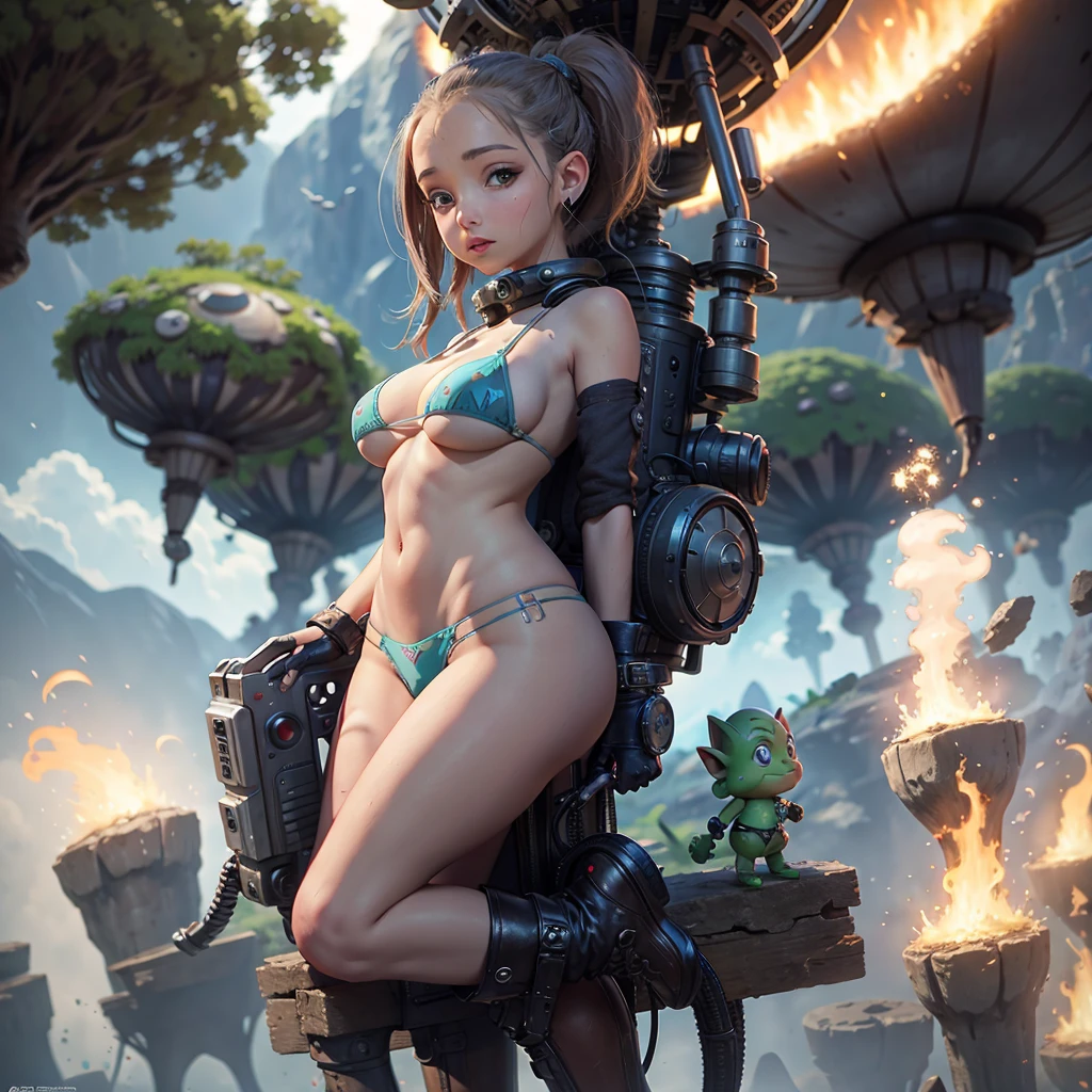 A cute woman (jet boots, jet pack, space adventurer bikini, laser pistol, future hairdo), is exploring an alien world covered in mushrooms and tiny goblin like creaures