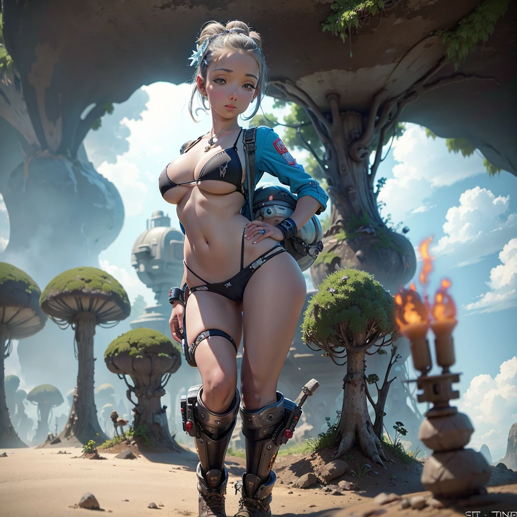 A cute woman (jet boots, jet pack, space adventurer bikini, laser pistol, future hairdo), is exploring an alien world covered in mushrooms and tiny goblin like creaures
