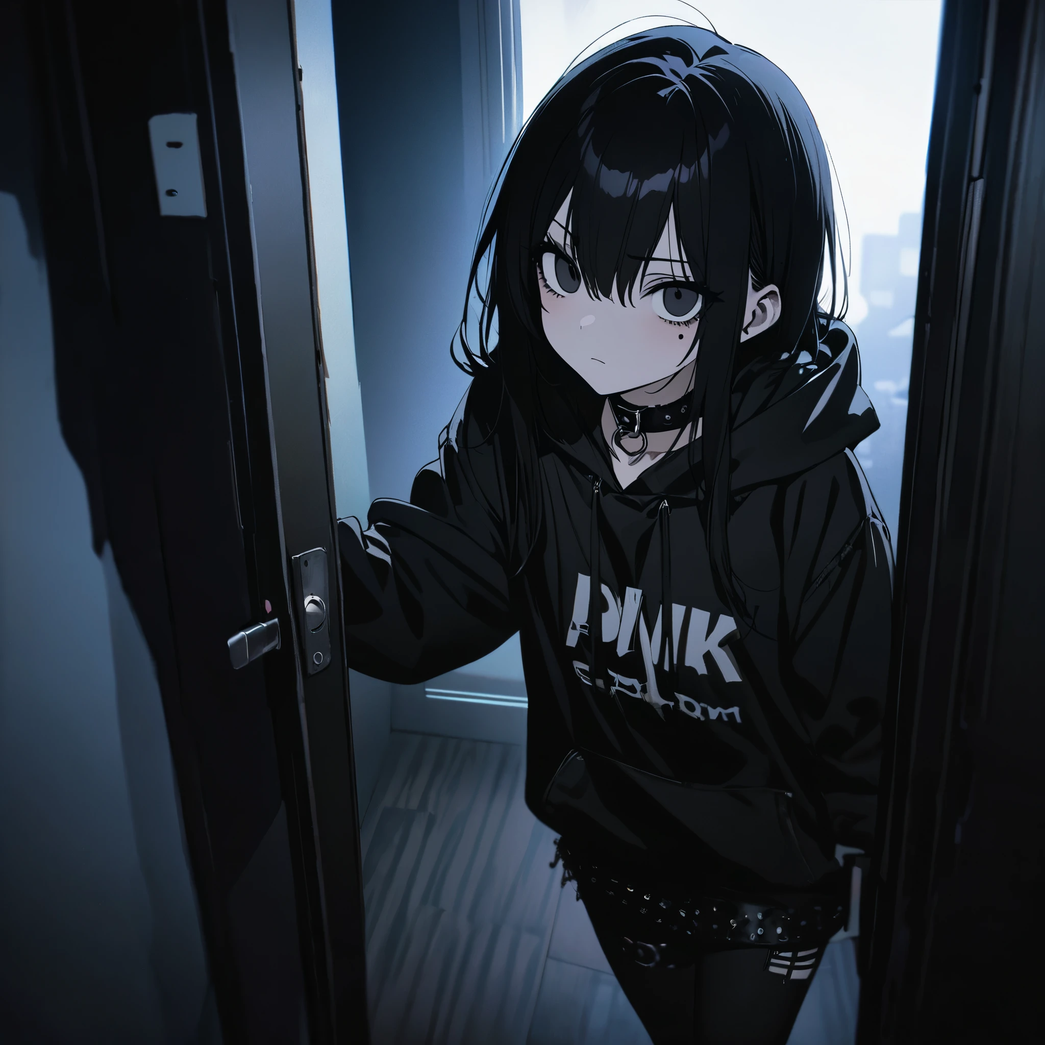 best quality, super fine, 16k, incredibly absurdres, extremely detailed, emo highschool girl opening the door of her private study room for you, looking at camera, emotionless expression, dark eye circles, punk fashion, long black hair, black collars, wearing black theme hoodie, full body, dim lights, (magnificent view:1.1)