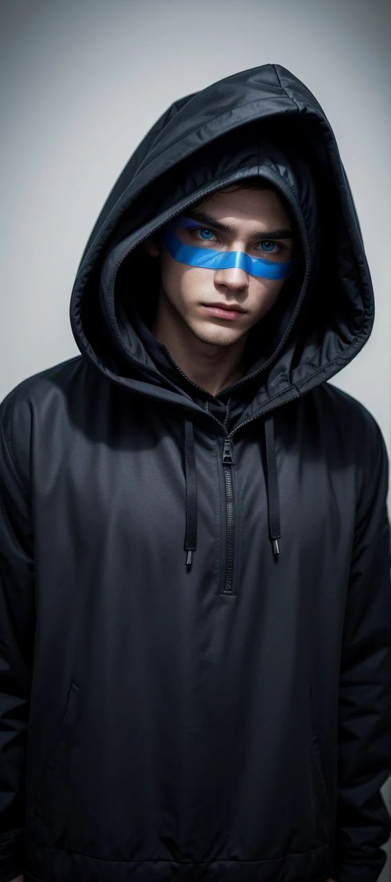 male figure with hood with completely dark face with only visible blue eyes