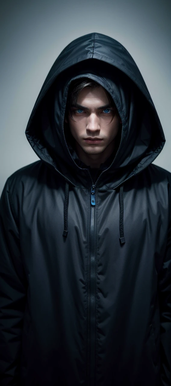 male figure with hood with completely dark face with only visible blue eyes
