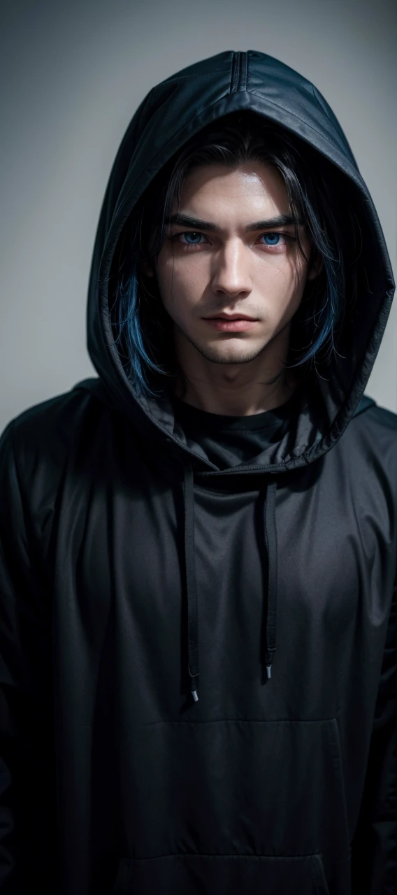 male figure with hood with completely dark face with only visible blue eyes
