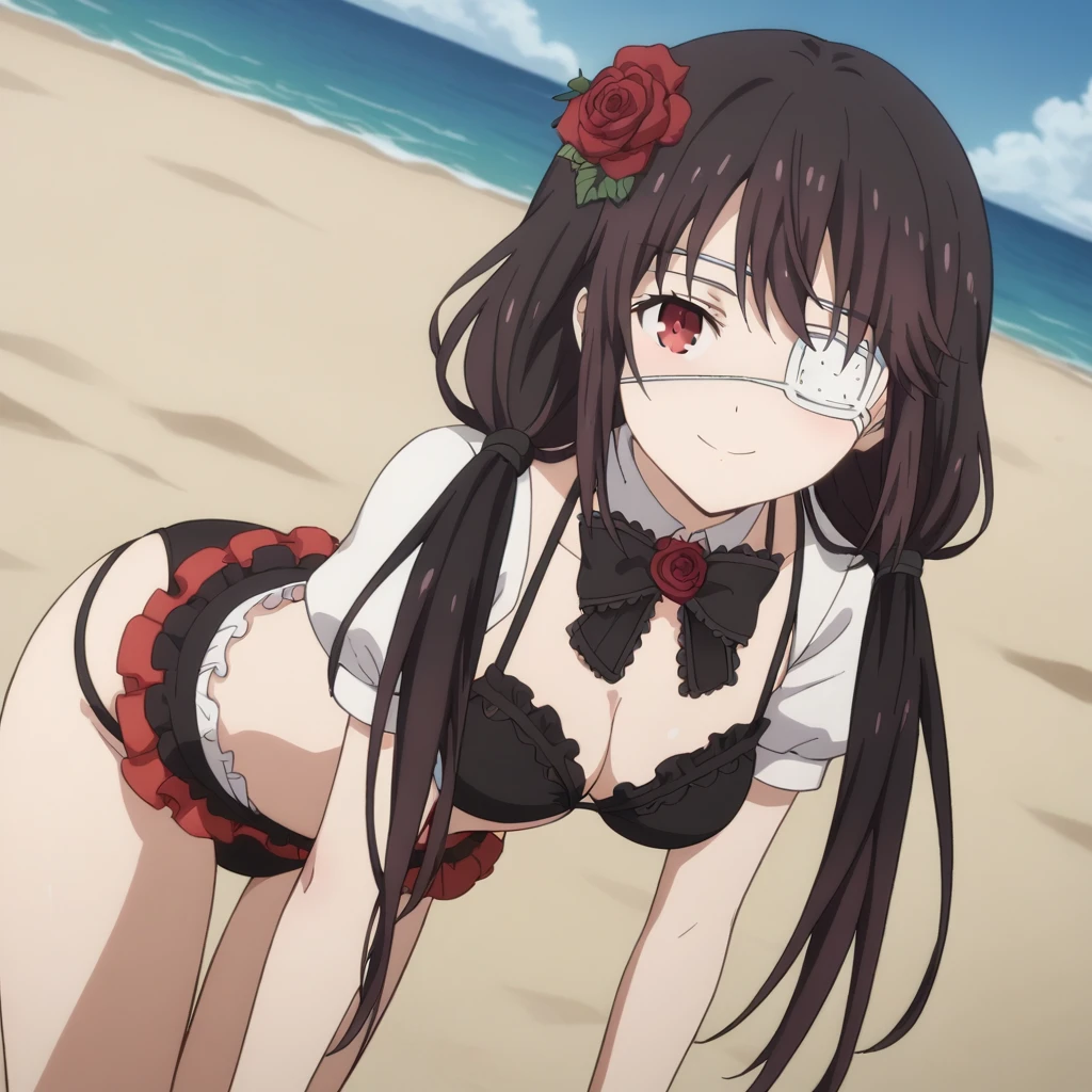 score_9, score_8_up, score_7_up, source_anime,
kurumitokisaki, kurumi tokisaki, black hair, red eyes, bikini, twintails , low twintails,
bangs, hair ornament, Black bikini, flower, short sleeves, frills, hair flower, Black bikini, rose, eyepatch, red flower, red rose, medical briefs, frilled dress, puffy sleeves,
sand beach, seaside, bent over, smile,
looking at viewer, solo, cowboy shot, dutch angle,