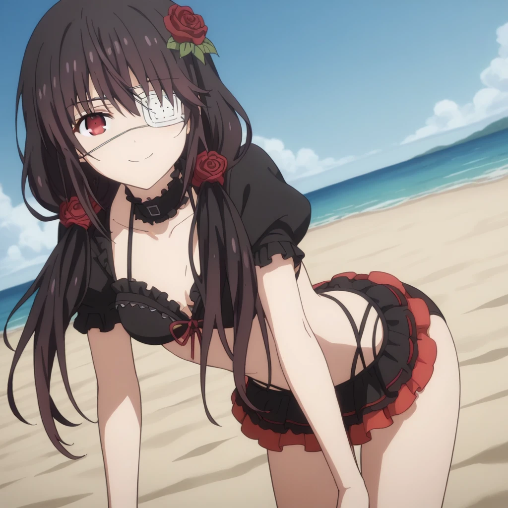 score_9, score_8_up, score_7_up, source_anime,
kurumitokisaki, kurumi tokisaki, black hair, red eyes, bikini, twintails , low twintails,
bangs, hair ornament, Black bikini, flower, short sleeves, frills, hair flower, Black bikini, rose, eyepatch, red flower, red rose, medical briefs, frilled dress, puffy sleeves,
sand beach, seaside, bent over, smile,
looking at viewer, solo, cowboy shot, dutch angle,