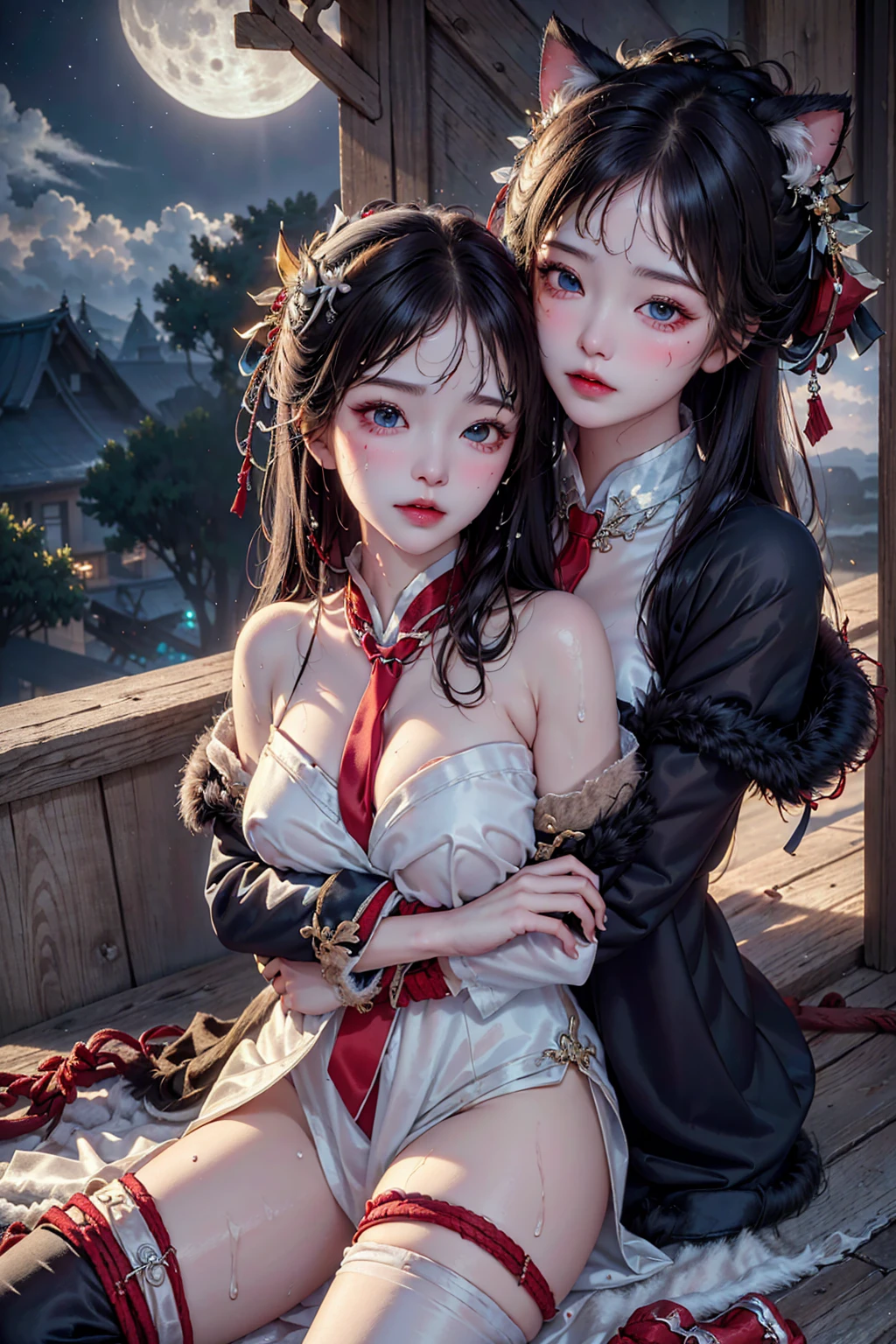(8K), (Highest quality), (masterpiece:1.2), (Realistic), (photoRealistic:1.37), Very detailed, (kiss),1 Girl,cute、Beautiful, perfectly aligned teeth、Beautiful attention to detail, Beautiful and detailed nose, (Corners of the Eyes:1.1)、(Swollen eyes)、(Long-term:1.5)、(Droopy eyes:1.1)、(Baby Face)、black eye、Natural Makeup、Big Breasts,Black Hair、((topless))、((Shooting from below))、((Sit with your legs apart))、(Wet Hair:1.2)、(skin is moisturized:1.5)、(My face is wet:1.2)、(Trance:1.5)、Cheeks are a little red、(Chest tightness:1.2)、Mysterious Beauty, Perching on the clouds, (Fantasy Illustration:1.3), Captivating Gaze, Seductive posture, The charm of another world, Mystical Sky, (Written by Luis Royo:1.2), (Yoshitaka Amano:1.1), ((moon night)), pastel colour, (Cloud Detail View:1.3), Outdoor、palace、balcony、(night、moonlight)、(Black Choker)、(fur coat with fur:1.5)、(Crotch close-up:1.2)、(stockings:1.3)、(Cat ear)、((Hug to your chest:1.5))、((Titty fuck))、(Chest tightness)、(Tie with red rope:1.8)、(Showing pussy)、((Cowboy Shot))、