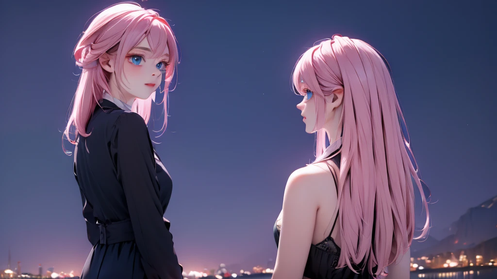 1 girl, medium light pink hair, light blue eyes, wearing black suit 4D, night city, absurdres, high res, ultrasharp, 8K, masterpiece, looking from behind