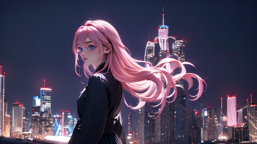 1 girl, medium light pink hair, light blue eyes, wearing black suit 4D, night city, absurdres, high res, ultrasharp, 8K, masterpiece, looking from behind