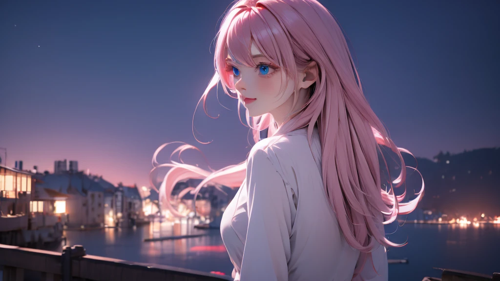 1 girl, medium light pink hair, light blue eyes, wearing black suit 4D, night city, absurdres, high res, ultrasharp, 8K, masterpiece, looking from behind