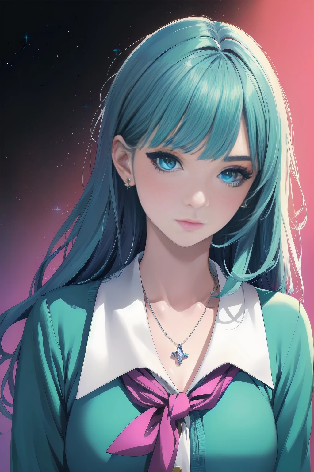 (best quality, masterpiece:1.4), [Nina Dobrev|Emma Stone],1girl, solo, expressive look, hearts, detailed eyes, eyes by Ilya Kuvshinov style, sharp pupils, realistic pupils, glitter makeup, gloss lips, stud earrings, jewelry, necklace, perfect face, upper body, small lips, face shot, (closeup:1.2), (extreme closeup:1.2), cleavage, face focus, from above, edshift style, (analog style:1.2), sexy, realistic, photo shoot, professional, high contrast, HDR, viewpoint, highest quality, sharp focus, looking at viewer, facing viewer, 8k, abstract background, colorful background, skin pores, intricate skin texture, realistic skin, asymmetrical bangs, hair flaps, button-up shirt, cyan shirt, serafuku, school girl uniform, cardigan, [(colorful explosion psychedelic paint colors:1.2)::0.2], cromulent, cold, dynamic lights, bokeh, glowing background