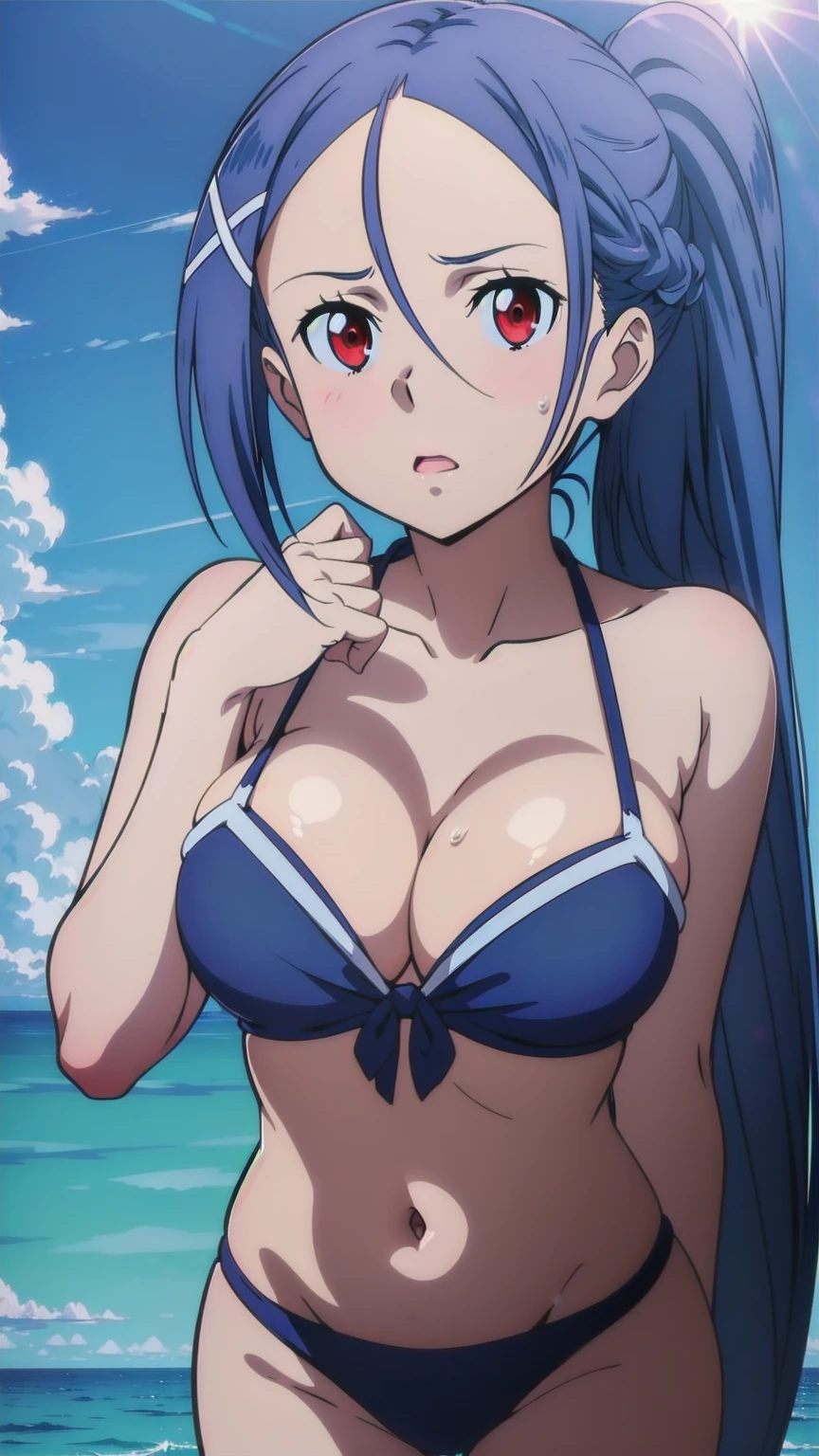 hair between eyes, very long hair, high pony tail, x hair ornament, ,red eyes:1.2,hair ornament, blue hair, looking at the viewer, blue theme, blue background, cloudy sky, sunlight, sweat, orgasmic, bikini swimsuit, large breasts, cleavage, belly button exposed, collarbone, thighs, sea and beach,