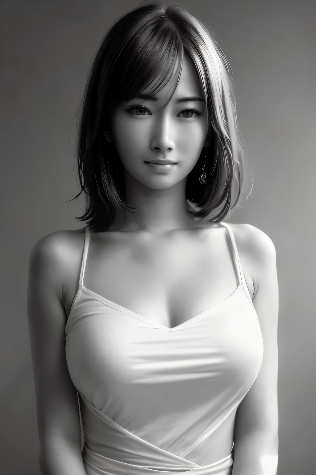 masterpiece, Highest quality, 8K, Confused,(((Burstingly Big Breasts)))、((Tight abdomen))、 (Upper Body:1.4), White shirt, beautiful girl, Cute face, Looking at the audience, (smile:1.3), Surreal, High resolution, photo shoot, Film Grain, chromatic aberration, Sharp focus, High resolution, Face Light, Dynamic Lighting, Cinema Lighting, Professional Shadow, Simple Background, (Simple Background:1.4), Most detailed, Very detailed, Very detailedな, finely, Real Skin, Delicate features, Detailed face and eyes, Sharp pupils, Realistic student