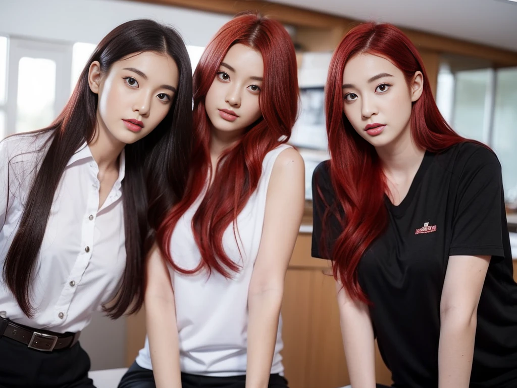 2 students,1 person with red hair,2 people with black hair,sexly,realistically,realistic