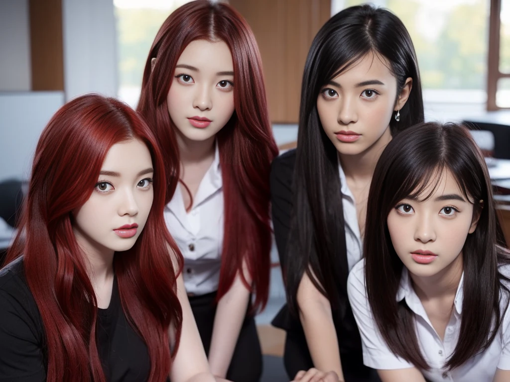 2 students,1 person with red hair,2 people with black hair,sexly,realistically,realistic