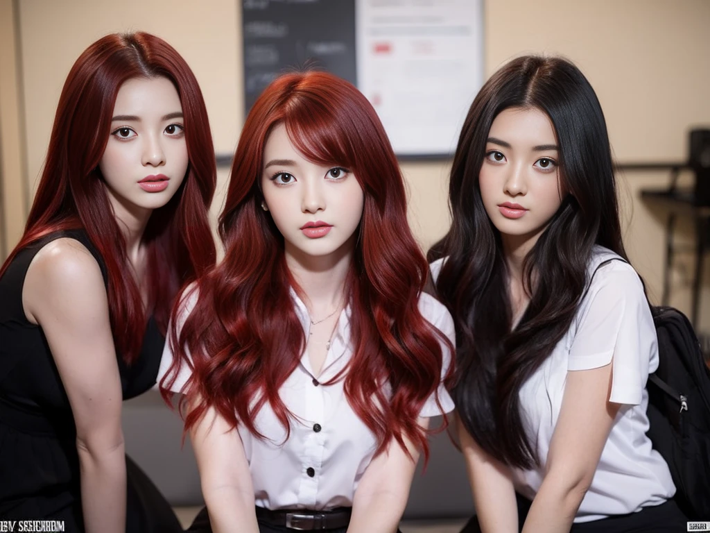2 students,1 person with red hair,2 people with black hair,sexly,realistically,realistic