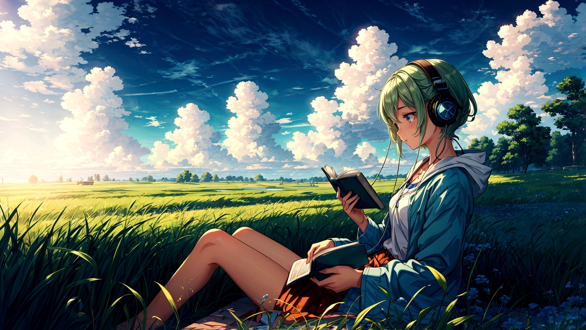The sky is blue and the clouds float around.,green field,middle stream,Young woman hands over headphones and sits and reads a book