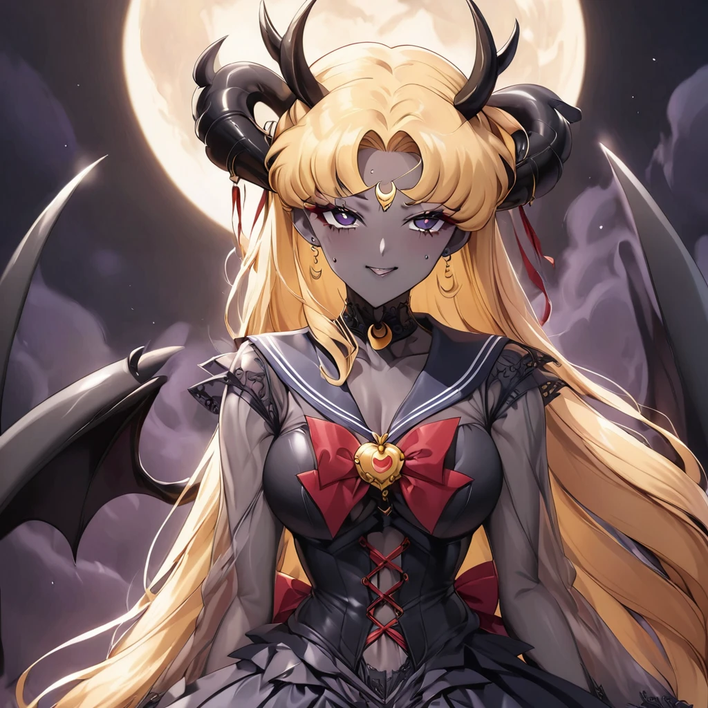 ((Highest quality)), ((masterpiece)), (detailed), （Perfect Face）、The woman is the dark queen of the black moon of the Black Moon clan, a lustful and evil demon warrior, the demon queen, Devil Queen Sailor Moon, and the woman is a sexy female demon with jet black skin, Devil Queen Sailor Moon.、The woman is a jet-black female demon with magnificent devil horns, jet-black devil wings, and a jet-black tail. Her skin is jet-black, and she has a black inverted crescent moon mark on her forehead. Her gorgeous black skin is visible through her black see-through Lolita Gothic Victorian wedding dress, black wedding veil, and black see-through cape. She is a jet-black demon, Devil Queen Sailor Moon, and has blonde hair.２The expression of a girl in love with her long hair tied up、Woman is Devil Queen Sailor Moon、