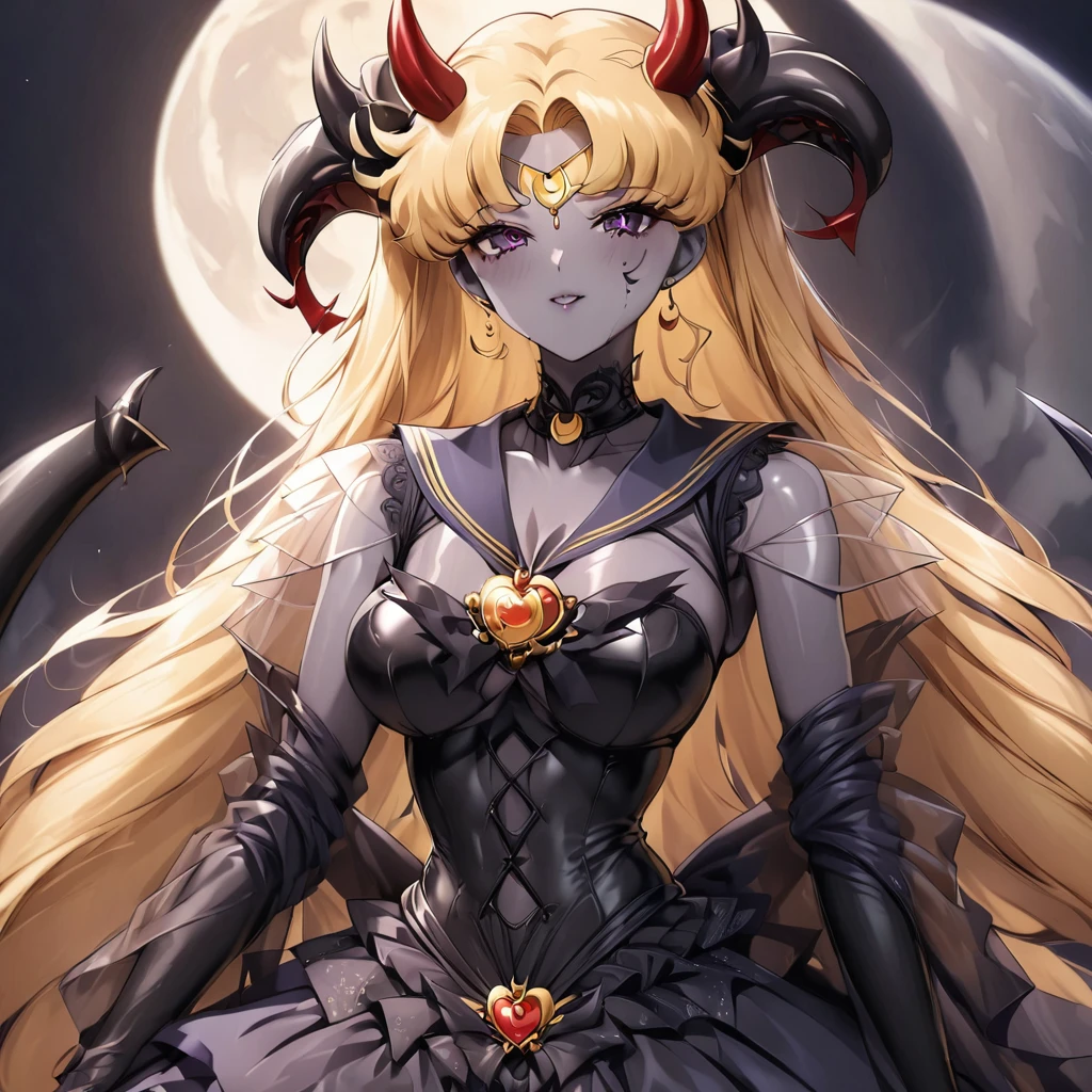 ((Highest quality)), ((masterpiece)), (detailed), (Perfect Face)、The woman is the dark queen of the black moon of the Black Moon clan, a lustful and evil demon warrior, the demon queen, Devil Queen Sailor Moon, and the woman is a sexy female demon with jet black skin, Devil Queen Sailor Moon.、The woman is a jet-black female demon with magnificent devil horns, jet-black devil wings, and a jet-black tail. Her skin is jet-black, and she has a black inverted crescent moon mark on her forehead. Her gorgeous black skin is visible through her black see-through Lolita Gothic Victorian wedding dress, black wedding veil, and black see-through cape. She is a jet-black demon, Devil Queen Sailor Moon, and has blonde hair.2The expression of a girl in love with her long hair tied up、Woman is Devil Queen Sailor Moon、