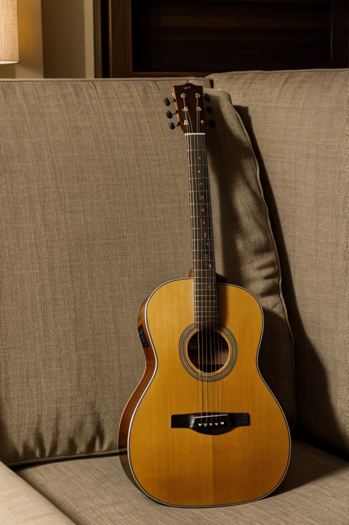 An acoustic guitar and a pillow on an old sofa