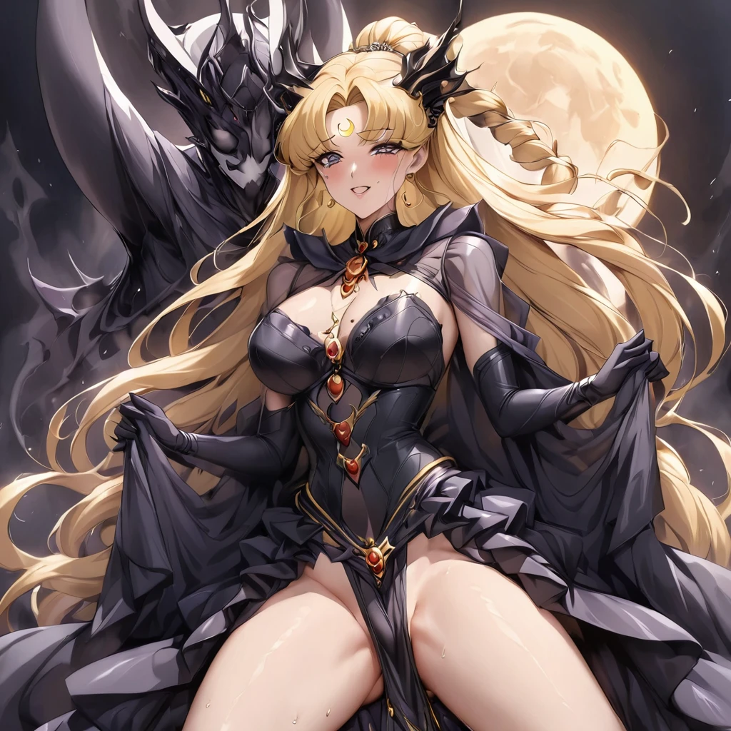 ((Highest quality)), ((masterpiece)), (detailed), (Perfect Face)、The woman is a dark queen with a black inverted crescent moon mark on her forehead, wearing a gorgeous, glittering black Gothic Victorian dress, a black veil, and a black see-through cape, as well as luxurious jeweled accessories.、The man is Demand, the dignified, evil, and powerful silver-haired demon king.、The Demon King of the Black Moon and the Dark Queen of the Black Moon having sex and making love、The woman is Black Serenity, the noble dark queen of the Black Moon clan and has blonde hair.2The woman with long hair tied up is Princess Serenity、A woman is embracing and having sex with a strong and evil demon king man.、The man is a strong and evil demon king who is embracing the woman and having sex with her.