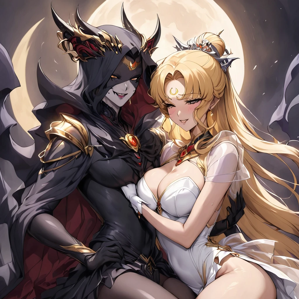 ((Highest quality)), ((masterpiece)), (detailed), (Perfect Face)、The woman is a dark queen with a black inverted crescent moon mark on her forehead, wearing a gorgeous, glittering black Gothic Victorian dress, a black veil, and a black see-through cape, as well as luxurious jeweled accessories.、The man is Demand, the dignified, evil, and powerful silver-haired demon king.、The Demon King of the Black Moon and the Dark Queen of the Black Moon having sex and making love、The woman is Black Serenity, the noble dark queen of the Black Moon clan and has blonde hair.2The woman with long hair tied up is Princess Serenity、A woman is embracing and having sex with a strong and evil demon king man.、The man is a strong and evil demon king who is embracing the woman and having sex with her.