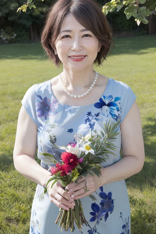 Beautiful mature 55 year old Japanese woman, Married women, Fine Lines, Long eyelashes, Shining Eyes, Bob Cut Hair, Red lipstick, smile, elegant, Gorgeous figure, Pearl Necklace, Summer clothes, Low-cut blouse, Floral print slit skirt, Holding a bouquet, whole body, Shooting on green grass, (Highest quality,4K,8K,High resolution,masterpiece:1.2),Very detailed,(Realistic,photoRealistic,photo-Realistic:1.37),High resolution,超High resolution,Studio Lighting,Ultra-fine painting,Sharp focus,Physically Based Rendering,Very detailed説明,Professional,Vibrant colors,Bokeh,Portraiture