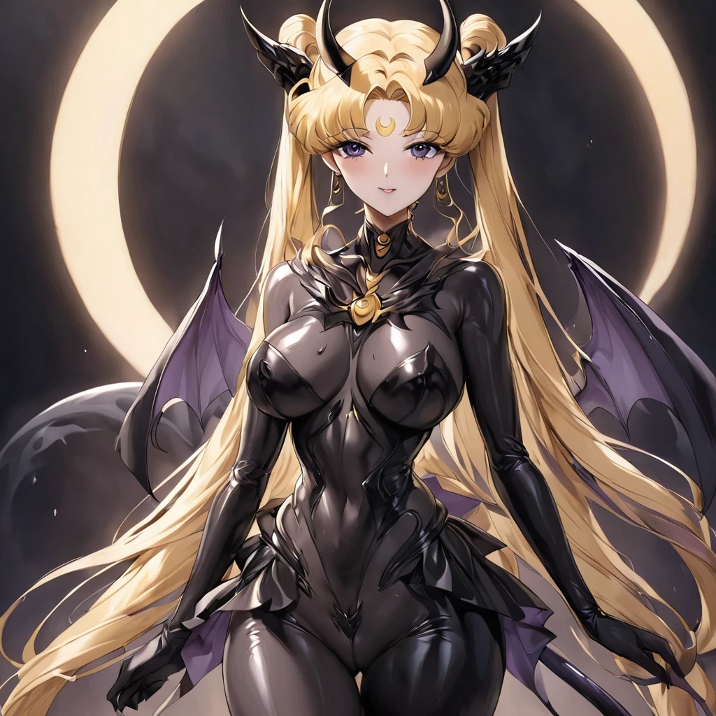 ((Highest quality)), ((masterpiece)), (detailed), (Perfect Face)、The woman is naked and is the bride of the Demon King, the Dark Queen of the Black Moon Clan, the Demon Queen, Devil Queen Serenity, and is wearing a shiny black full-body bodysuit decorated with gold, a sexy female demon with jet-black skin, Devil Queen Serenity.、The woman is a jet-black female demon with magnificent devil horns, jet-black devil wings, and a jet-black tail. Her skin is jet-black, and she has a black inverted crescent moon mark on her forehead. She is the jet-black demon Devil Queen Serenity, and she has blonde hair.2The expression of a girl in love with her long hair tied up、Woman is Devil Queen Serenity