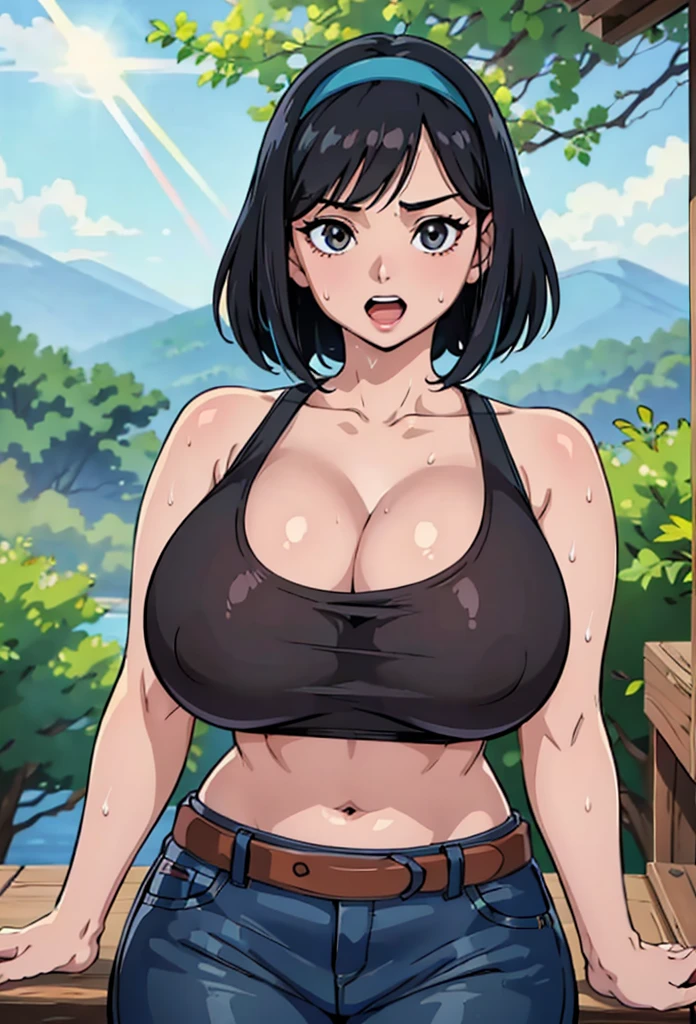 masterpiece, best quality, ultra-detailed, illustration, colorful, flat color, depth of field, lens flare, 1girl, abby shapiro, black hair, black eyes, short bob, anime, (shortstack), (shortstackBT), (closeup), (upper body), cowboy shot, looking at viewer, at forest, (tank top, head band, wet, navel, cleavage), short height, detailed skin texture, beautiful detailed face, open mouth, excited, inviting, seductive, alluring attire, collarbone, (gigantic breasts, massive breasts, huge breasts, curvy, voluptuous, curvaceous)