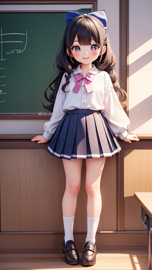 ((jk, 2girls)), (petite kawaii, bishojo), (cute, smiling), (scornful eyes), ((masterpiece)), (best quality), (ultra detailed), ((highres)), (exquisite), (depth), (high standard), (beautiful and aesthetic), (super detailed skin), (perfect anatomy), (full body), (blush), (blouse, school uniform), (socks), (big bow in hair), (lipstick), (class room)