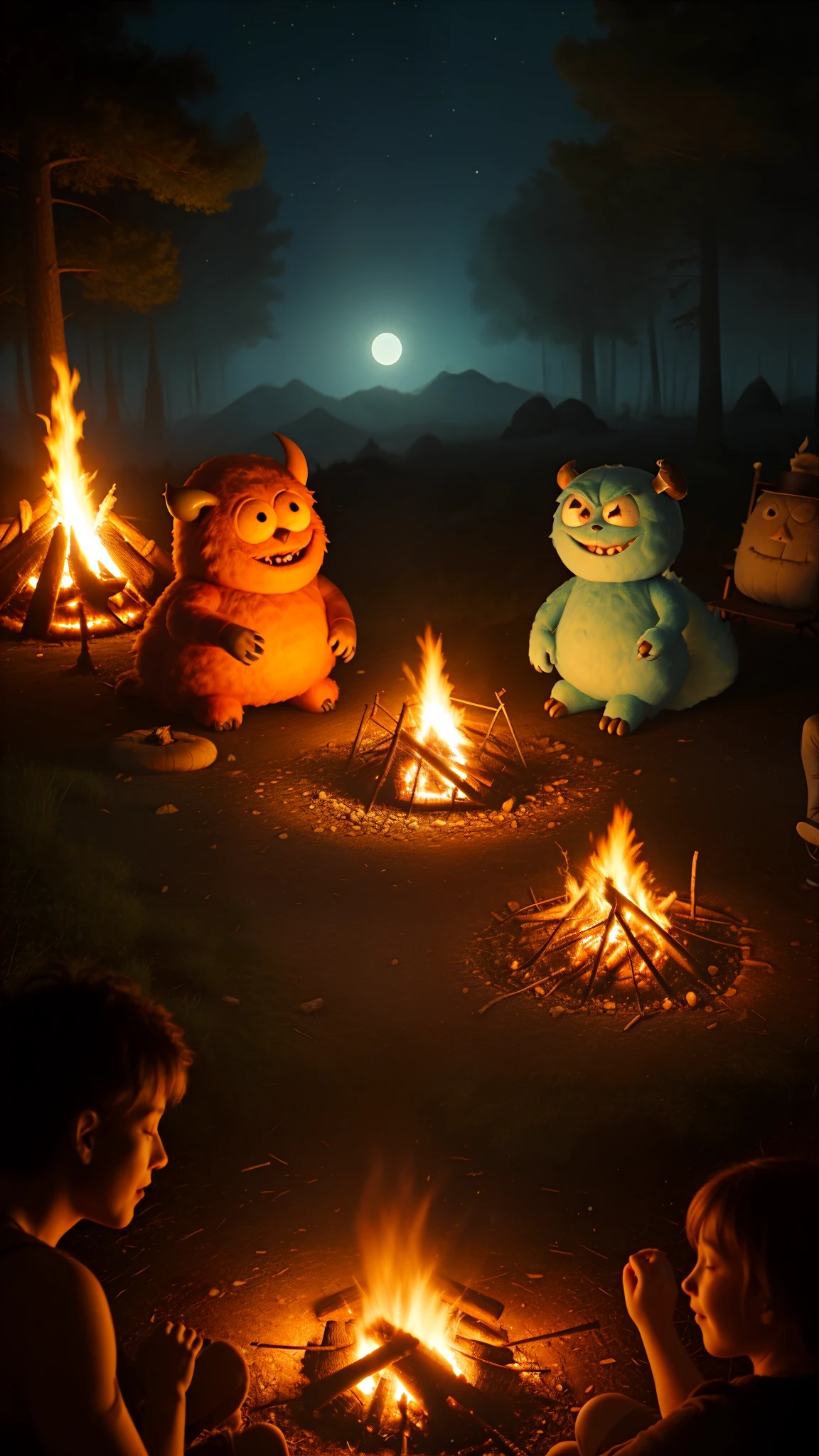 friendly, fuzzy monsters gathered around a campfire