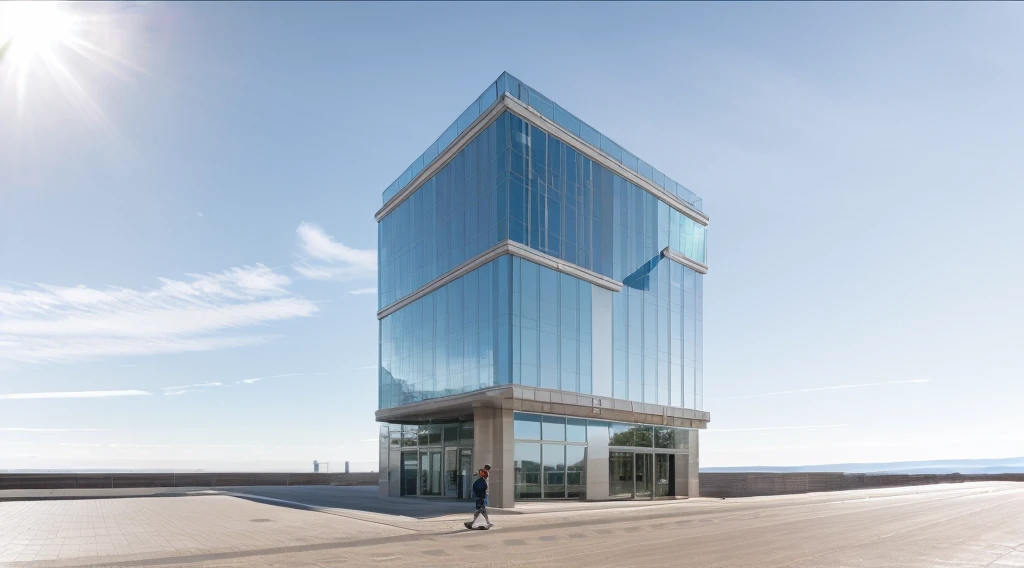 exterior of highrise office building, contemporary style, Large reflective glass panels, blue sky, beautiful landscape, stone pavement,cars, RAW photo, 8k uhd, dslr, soft lighting, high quality, film grain, Fujifilm XT3,masterpiece,