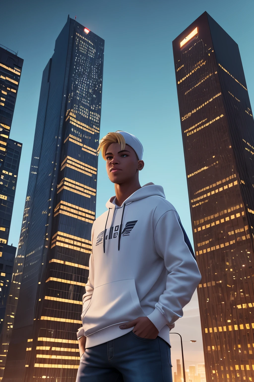 3D Young Man named "Just for Me", with blue sparkling eyes and long, vibrant yellow hair, is seen wearing a hoodie from the popular brand, typography in white on the front. He is dressed in white jeans, adding a contrast to his outfit. The bottom half of his attire is completed with a pair of red Air Force One sneakers. The young man is captured in an animated style, standing sideways against the backdrop of a towering glass building, set against a dark night with a lighting environment. The scene is rendered in an "auto" style to enhance the overall detail and realism of the image.