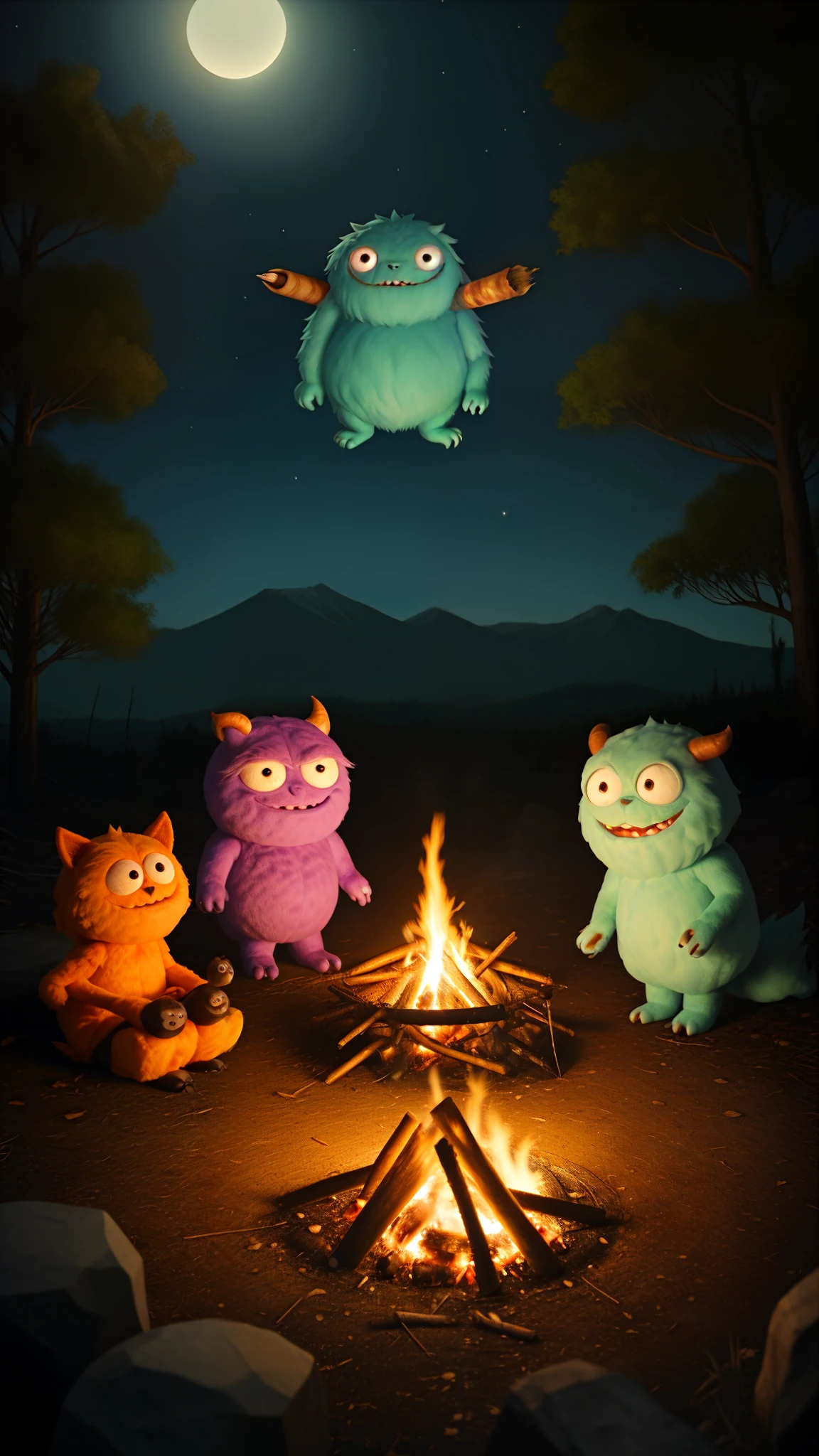 friendly, fuzzy monsters gathered around a campfire