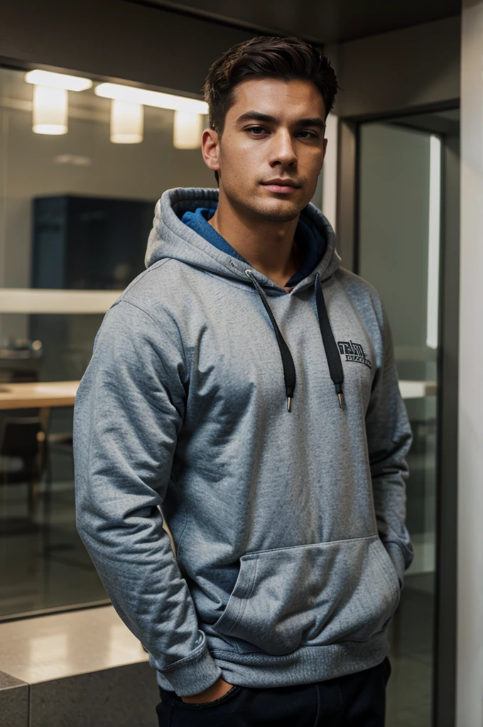 A man wears a hoodie