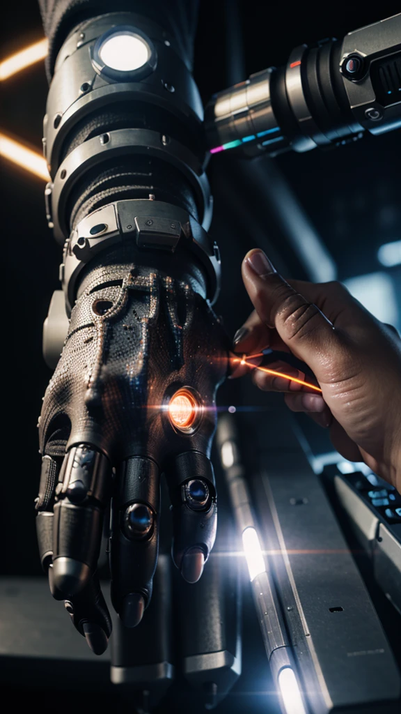 Detailed, realistic, futuristic, best quality, a cybernetic human finger shooting a laser beam, close-up, 3D, accurate, cybernetic hand covered in human skin, professional, extreme detail