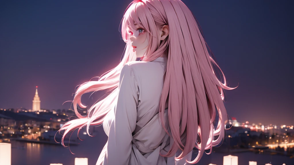 1 girl, medium light pink hair, light pink eyes, wearing white suit, night city, absurdres, high res, ultrasharp, 8K, masterpiece, looking from behind