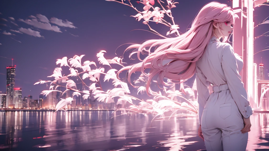 1 girl, medium light pink hair, light pink eyes, wearing white suit, night city, absurdres, high res, ultrasharp, 8K, masterpiece, looking from behind