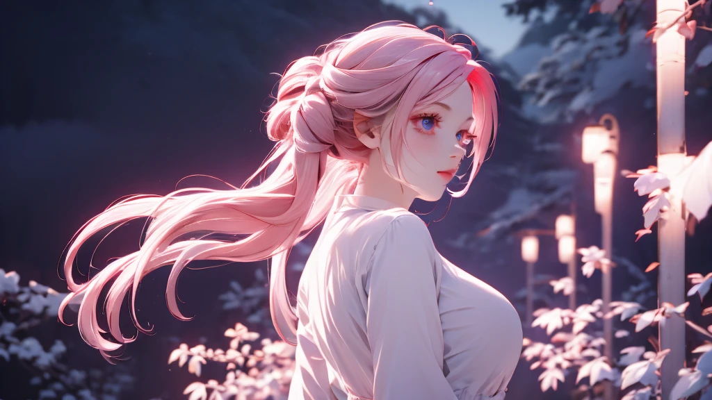 1 girl, medium light pink hair, light pink eyes, wearing white suit, night city, absurdres, high res, ultrasharp, 8K, masterpiece, looking from behind