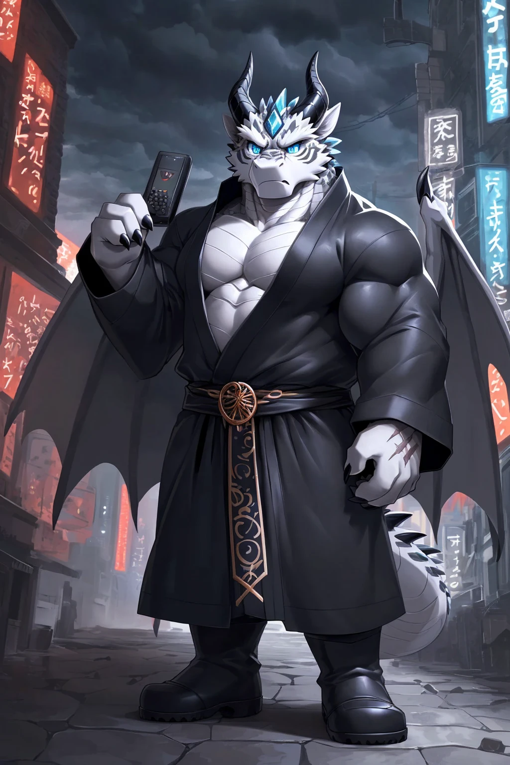 (sfw:1.5), male focus, Handsome 1boy, solitary，protrait photo, (White thick eyebrows:1.4), single, (Dark gray corners, Black horn, Dark gray curved corners:1.4), (深灰色的Dragon Wing, Dragon Wing:1.4), (Black nails, Black claws:1.4), Dark gray skin, (Dark grey tail:1.4), (Perfect blue eyes:1.4), (Dark gray body:1.3), (Beige chest:1.1), Black whites of the eyes, (Dark gray dragon scales, 深灰色的Scales:1.4), 
Black Dragon, feet, black dragon, dragon boy, dragon body, (big eyes, large eyes:1.4), Dragon Tail, Dragon Wing, Dragon Horn, Scales, (Chubby, The body is huge, Larger face:1.3), 
(Hanfu:1.4) , (Black robe:1.4), (Dark blue texture:1.3), Robe fluttering in the wind, Long sleeve, (Dark blue belt:1.2), (Tang Dynasty Black Cloth Boots:1.4), (Lots of scars, lots of scars, Lots of scars:1.3), 
(full body:1.3), (Mature men:1.4), (Strong body, muscle,Strong male, muscle男:1.3), (look up, Standing:1.4), (Looking at the audience, Focus, Eyes gaze:1.2), (arrogant, arrogant, serious, serious, calm, reason, frown:1.4), 
full background, street, confusion, Street Lights, (heavily clouded, cloudy day, remote and desolate, Dim environment:1.3),
Mysterious and romantic atmosphere, Caustic lines(refraction, polarization)Perfect anatomical structure, absurd, Detailed background, (Delicate eyes:1.3),Printing style。((artist:Takemoto Arashi))
