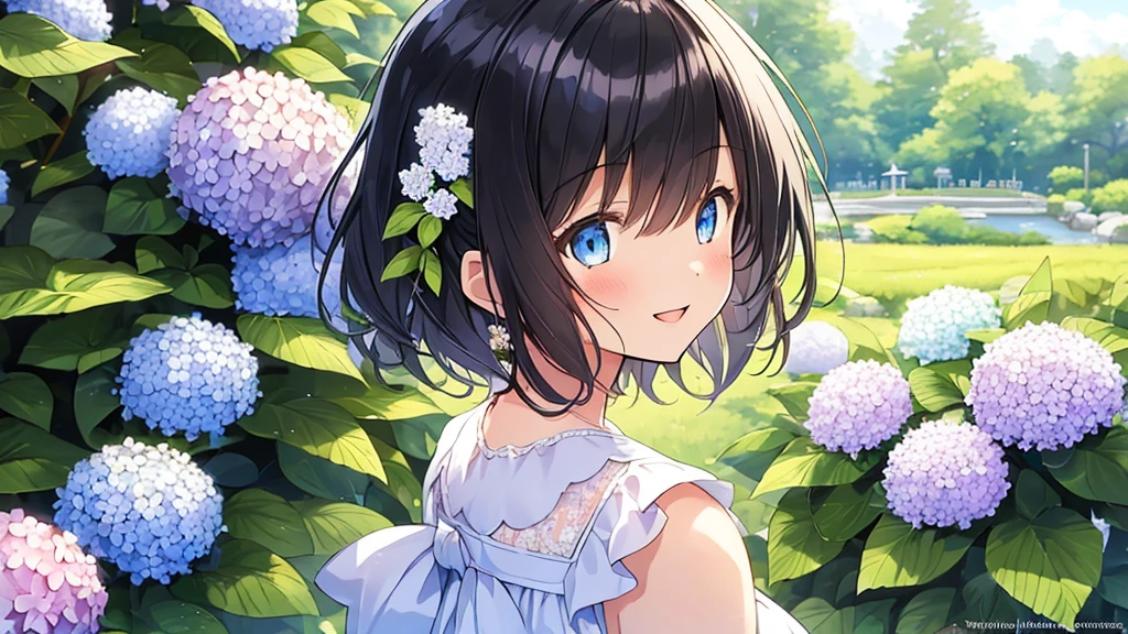 ((Masterpiece)), ((top quality)), very detailed, animated style illustration, Japanese style garden, 1girl, cute girl, solo, upper body, upper body focus, in the middle, white sundress, (beautiful eyes), beautiful black hair, short hair, flower hair ornament, blue eyes, slim, slender, (smile:1.2), (Hydrangea in background:1.2), A soft and gentle anime illustration with pastel colors, featuring a 14-year-old girl with short black hair adorned with a small flower hair ornament and blue eyes. The artwork should have a fluffy and delicate style, capturing the youth and innocence of the girl. The pastel color scheme adds to the gentle and serene atmosphere of the illustration, emphasizing the girl's youthful and innocent appearance.