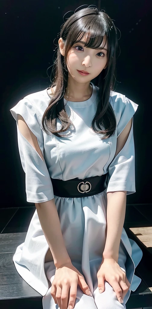 masterpiece, One beautiful girl, Fine grain, Swollen eyes, Top Quality, 超High resolution, (Realistic: 1.4), RAW Photos, One girl, Cinema Lighting, Japanese, Full Body Lesbian,Asian Beauties, Korean, so beautiful, Beautiful skins, slim, Body facing forward, (Ultra-photorealism), (High resolution), (8k yen), (Very detailed), (Best Illustration), (Beautiful attention to detail), (Very detailed), Detailed face, View your viewers, Staring straight ahead, Dress neatly, No sleeve,Long white hair,Silver Hair,46 point diagonal bangs,Cyberpunk Background,Neat,