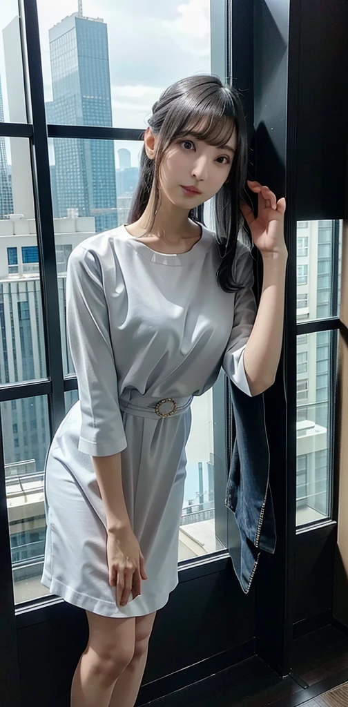 masterpiece， One beautiful girl， Fine grain， Swollen eyes， Top Quality， 超High resolution， （Realistic： 1.4）， RAW Photos， One girl， Cinema Lighting， Japanese， Full Body Lesbian，Asian Beauties， Korean， so beautiful， Beautiful skins， slim， Body facing forward， （Ultra-photorealism）， （High resolution）， （8k yen）， （Very detailed）， （Best Illustration）， （Beautiful attention to detail）， （Very detailed）， Detailed face， View your viewers， Staring straight ahead， Dress neatly， No sleeve，Long white hair，Silver Hair，46 point diagonal bangs，Cyberpunk Background，Neat，