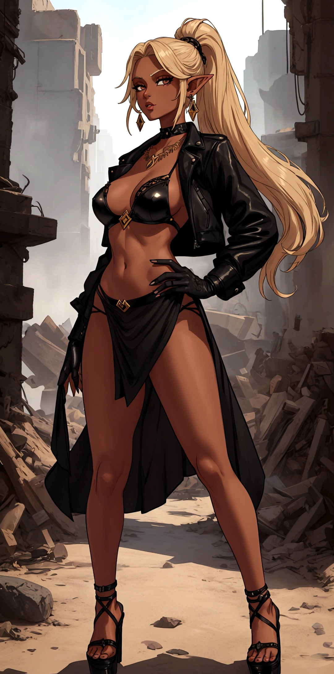 8K, Top Quality, Intricate Details, Ultra Detail, Ultra High Resolution, Masterpiece, full body, Very tall, dark skinned female elf; slender, blonde hairs and incredible long ponytail; strong makeup; brown eyes; small pointy breast; sensual midriff; wearing superhighplatform sandals, desert abandoned city, jewelery, necklace, earrings, black bikini top, short leather jacket, thongs with a lot of strings, leather skirt, long fingernails; gloves, rings, best quality, expressive eyes, perfect face, masterpiece, slim body, very long legs, detailed stomach, detailed hips, detailed legs, carefully drawn toes, carefully drawn feet, carefully drawn hands, best quality, drawn with careful, Dynamic Angle, Highly detailed, seductive eyes, NTR